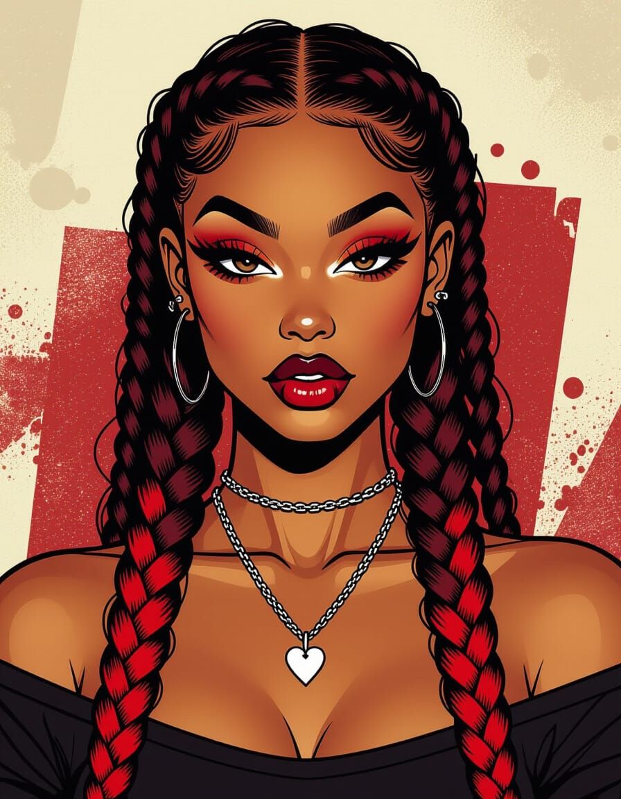 Defiant Punk Girl with Red Braids in Pin-Up Style