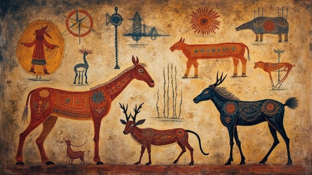 Earthly Tribal Cave Art in Vibrant Earth Tones