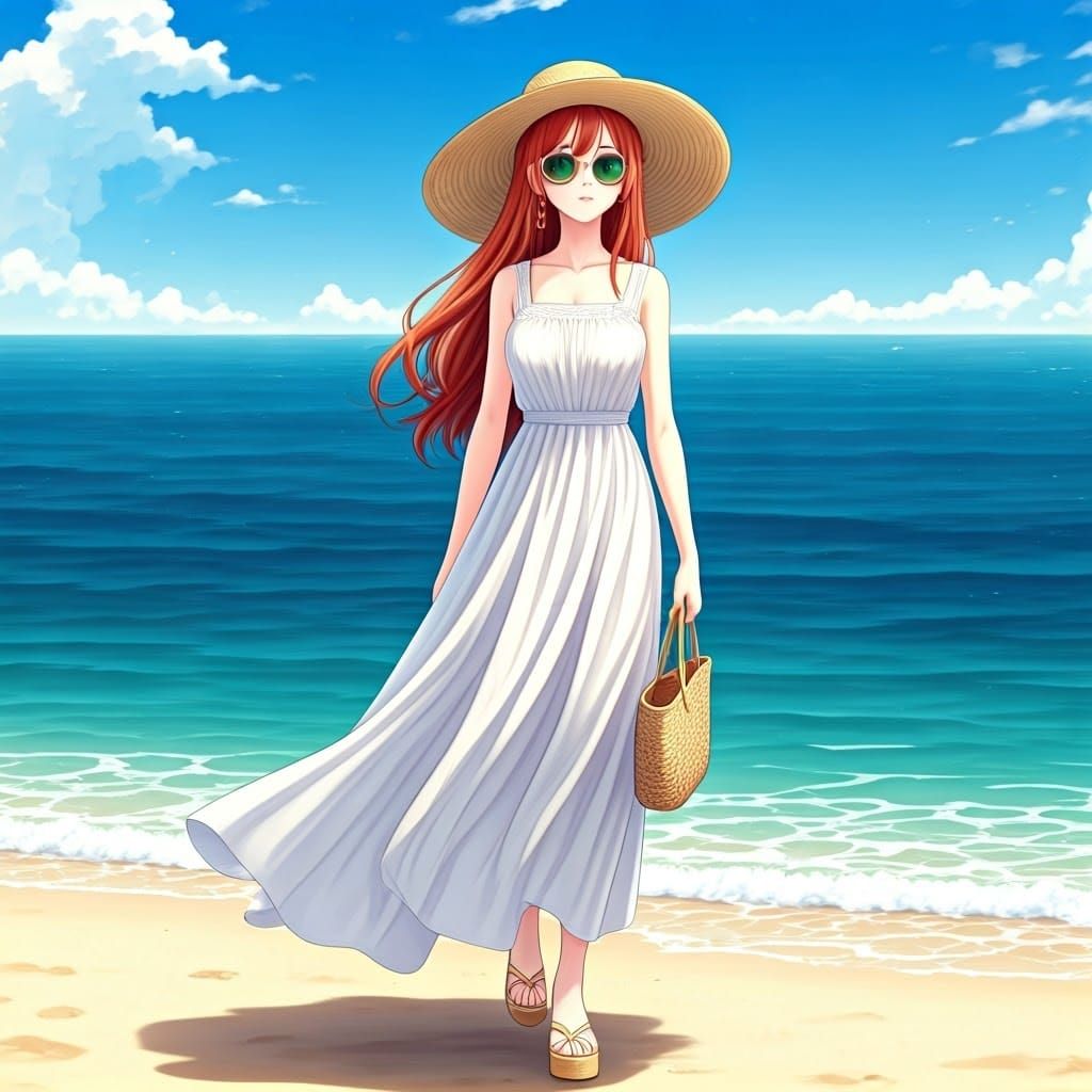 Serene Japanese Woman Strolls on a Japanese Beach in a Casua...