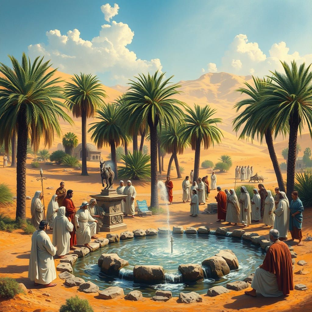 Twelve Tribes Gather at a Desert Oasis in a Vibrant Tapestry...