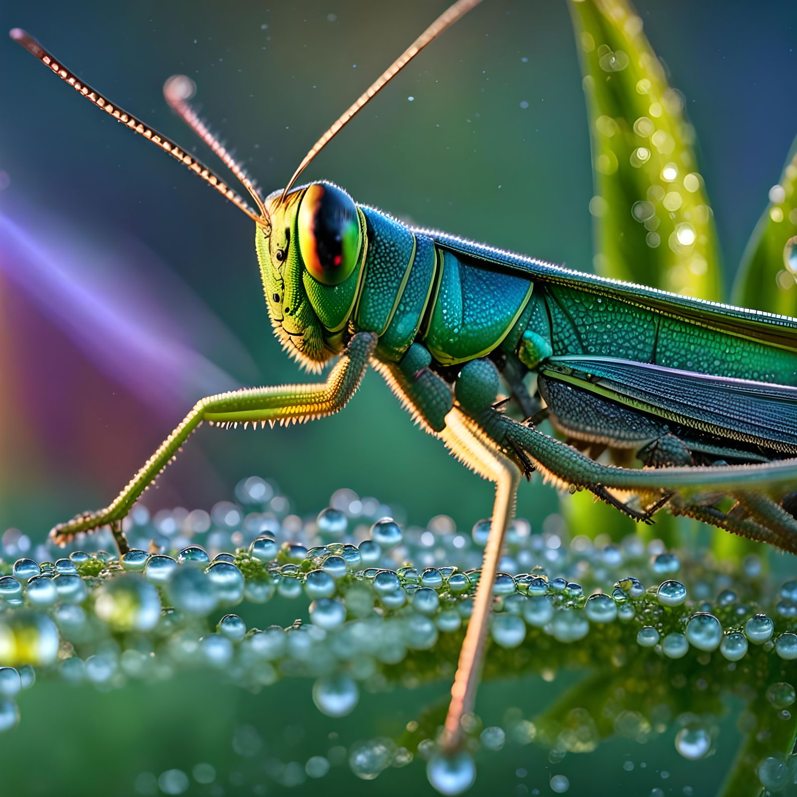 Iridescent Grasshopper in Dew-Kissed, Ultra-Detailed Scene