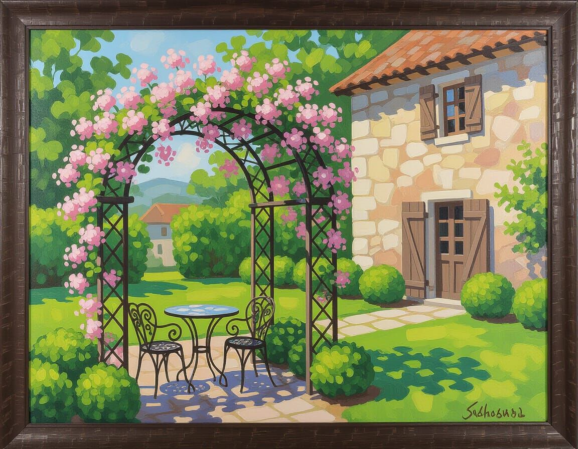 Impressionist Garden Scene with Blooming Arbor and Stone Bui...