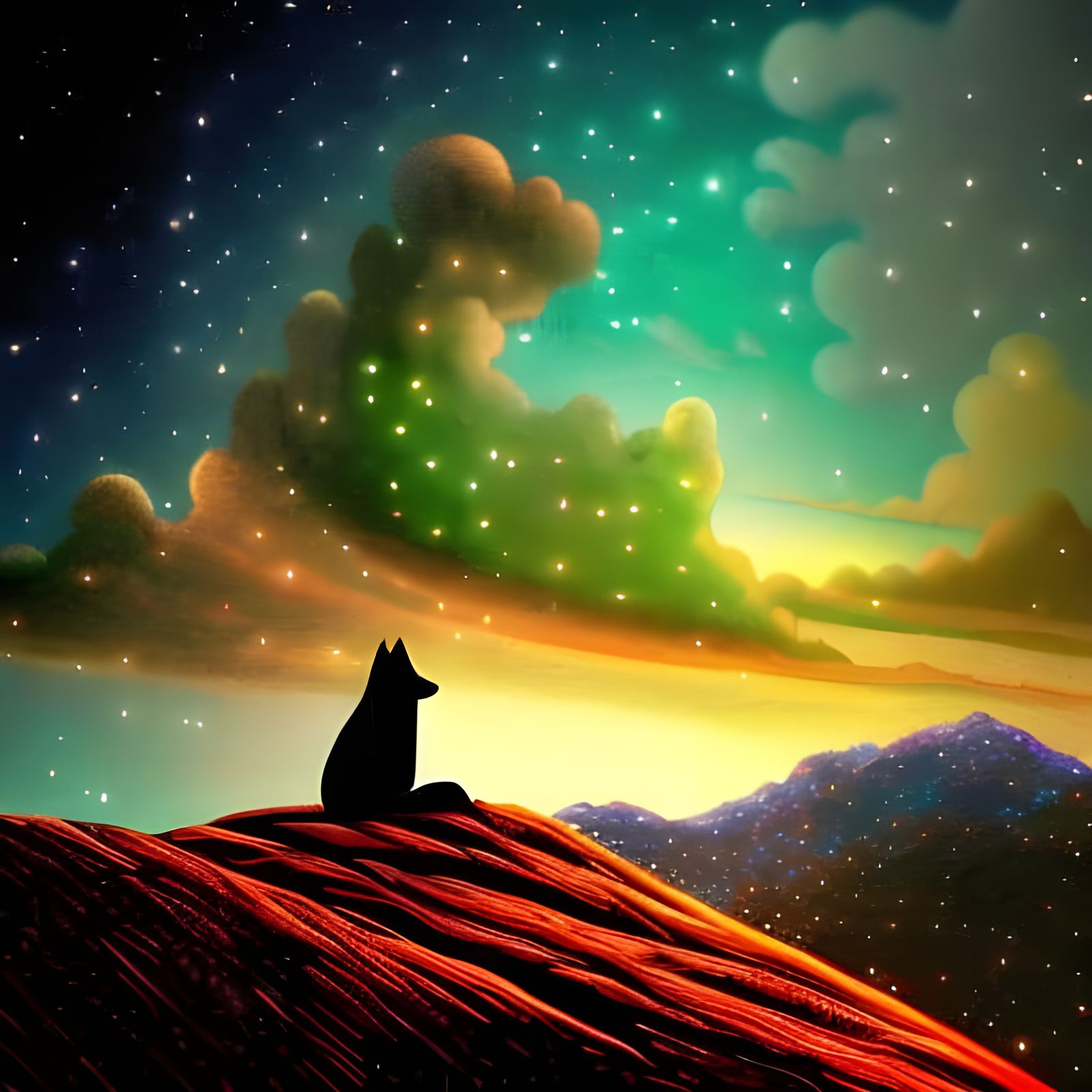 Dog Watches Night Sky in Detailed Digital Art
