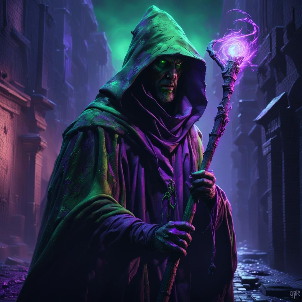 Neon Alleyway Wizard in Dark Fantasy Style