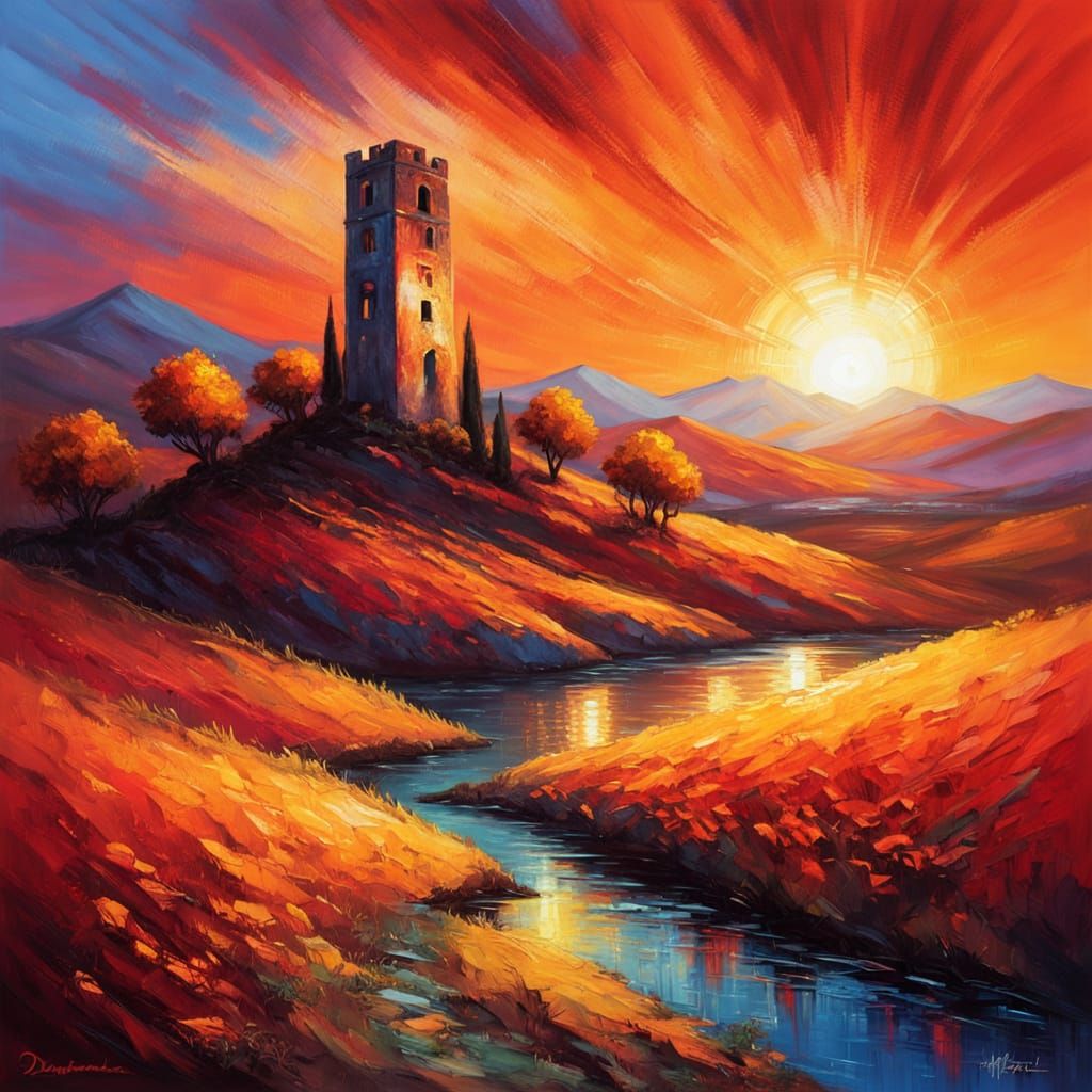 Impasto Oil Painting of Abandoned Tower at Fiery Sunset