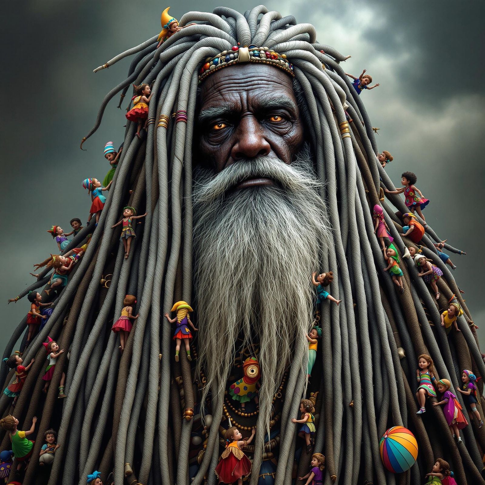 Soulful Elder with Children in Braided Beard