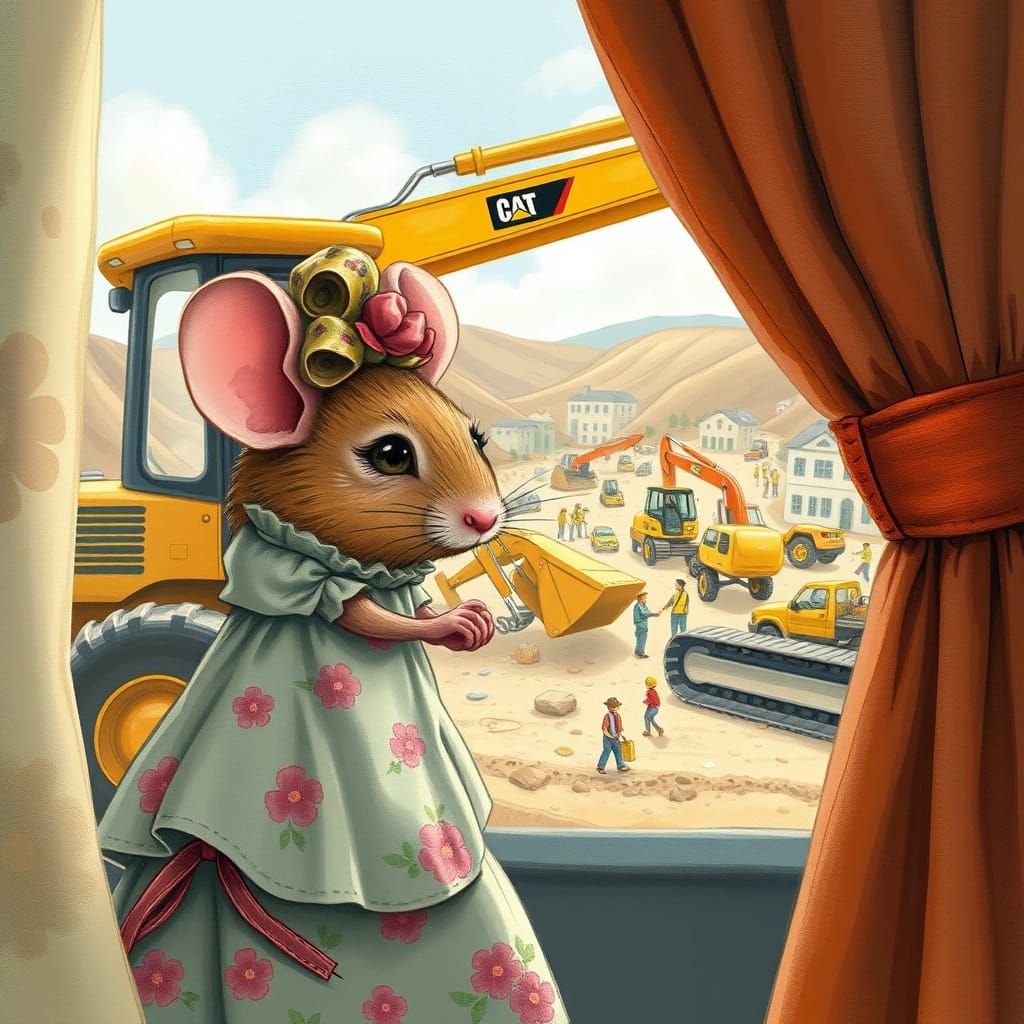 Mouse Housewife Observes Construction Site: Whimsical Illust...