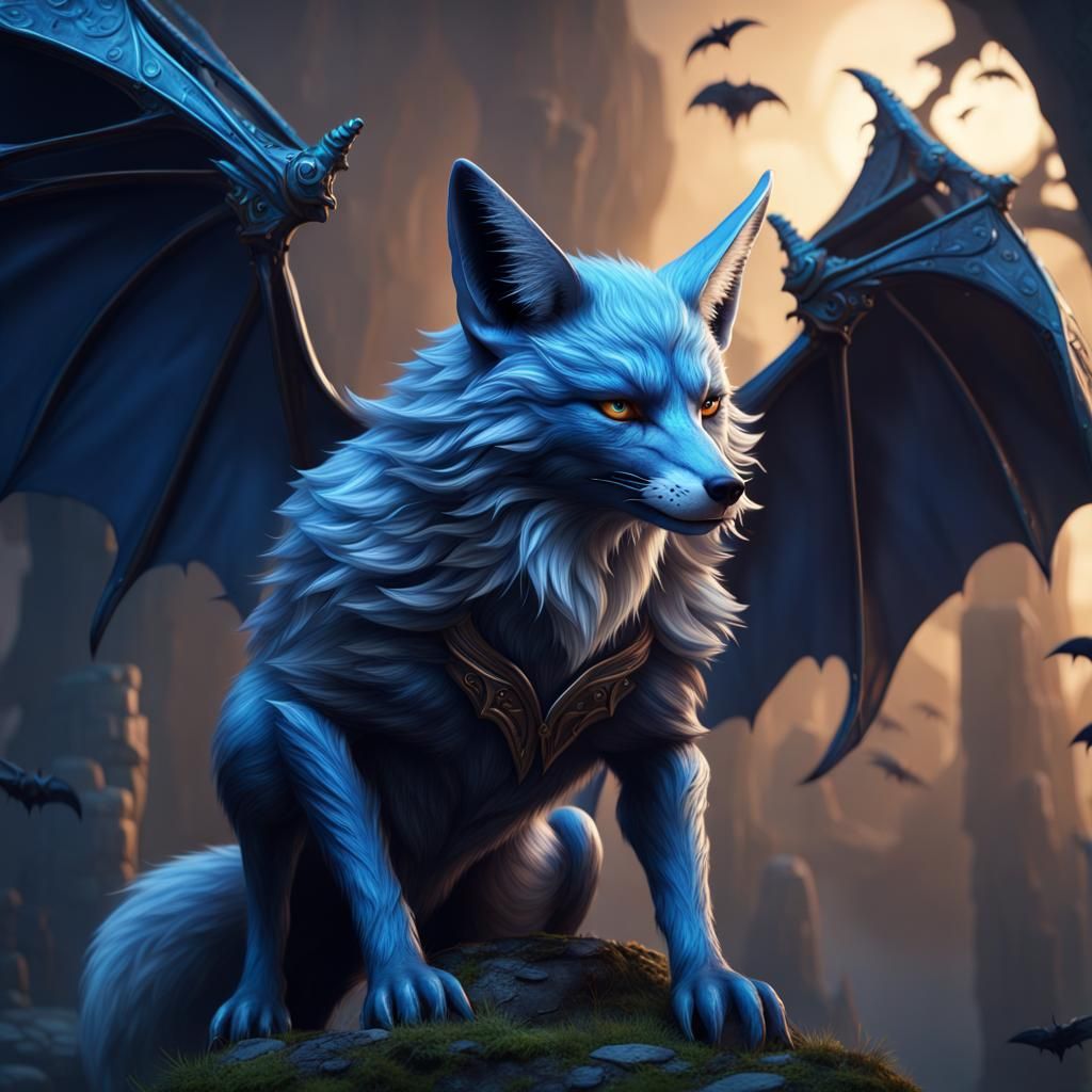 Blue Fox with Bat Wings in Detailed Matte Painting