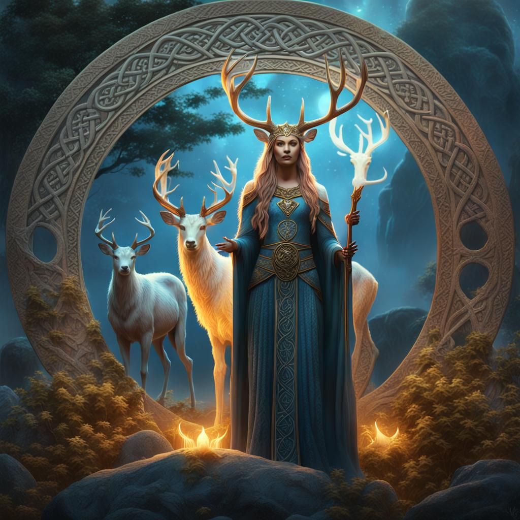 Celtic Goddess and Stag in Sacred Grove