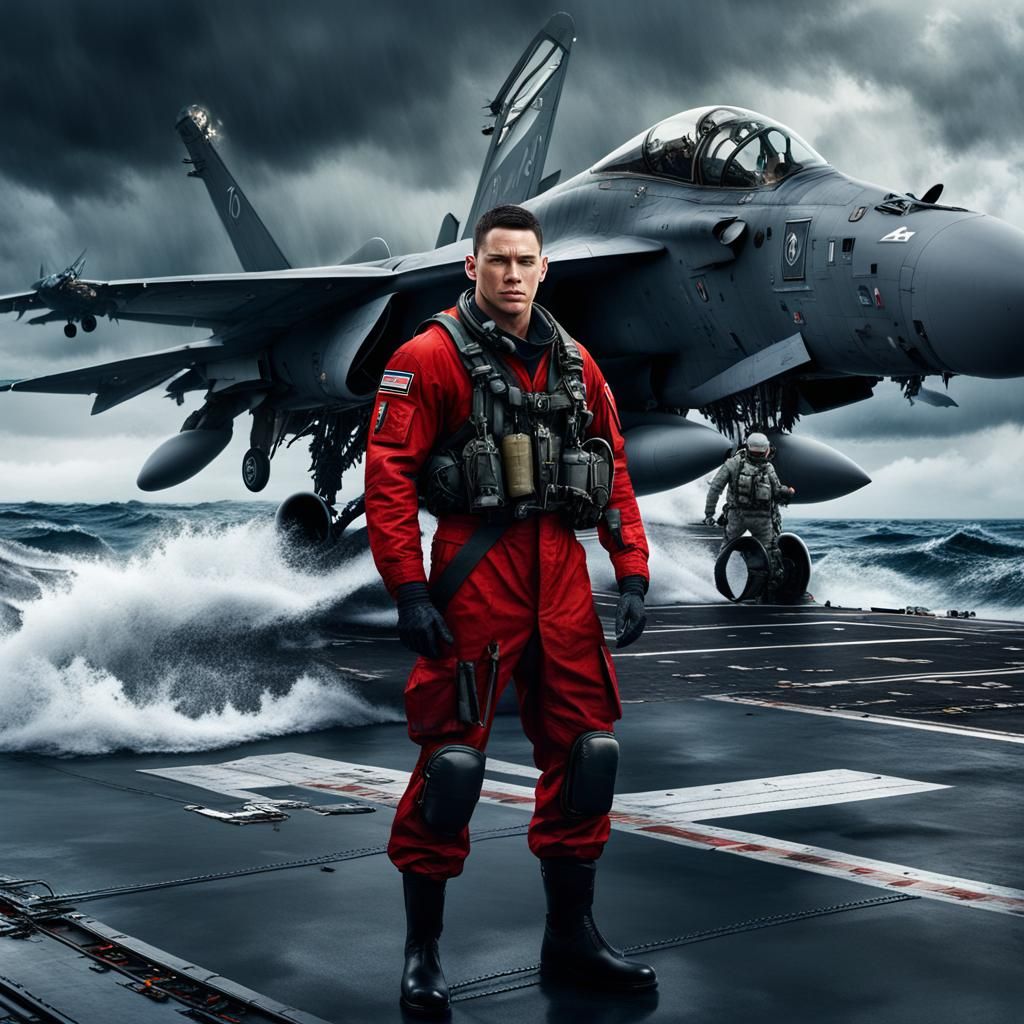 Fighter Pilot on Carrier in Stormy Seas