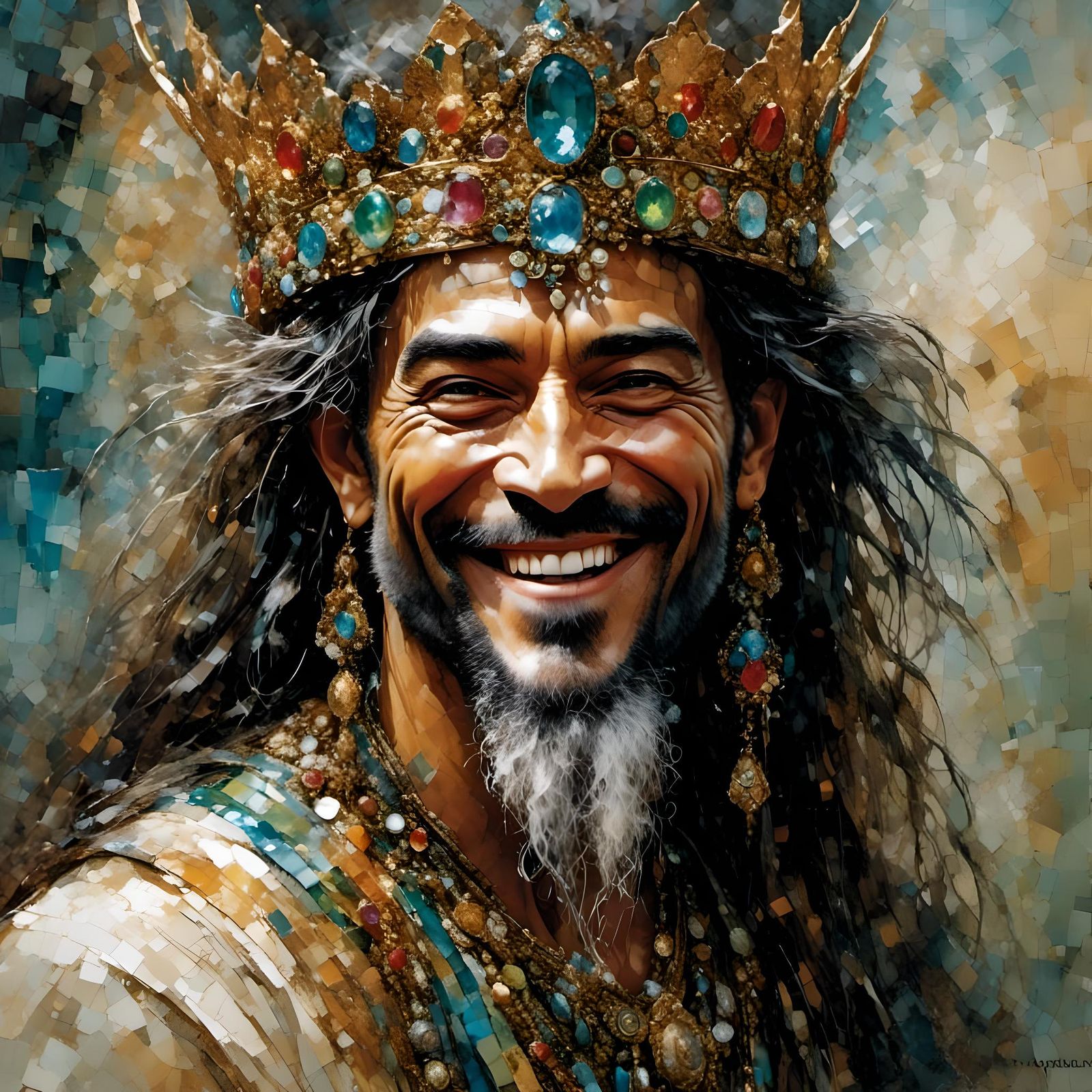 Happy Jeweled King Portrait in Mixed Media Style