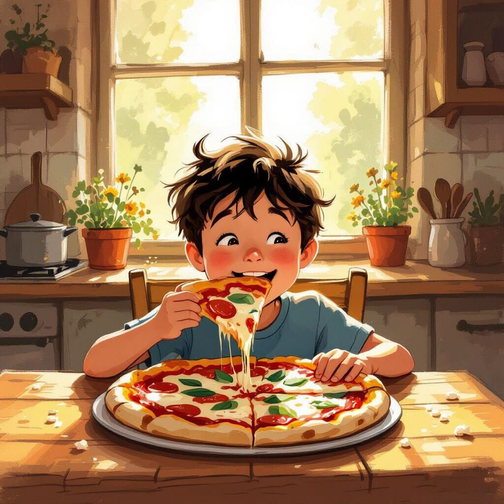 Boy Enjoys Margherita Pizza in Rustic Kitchen