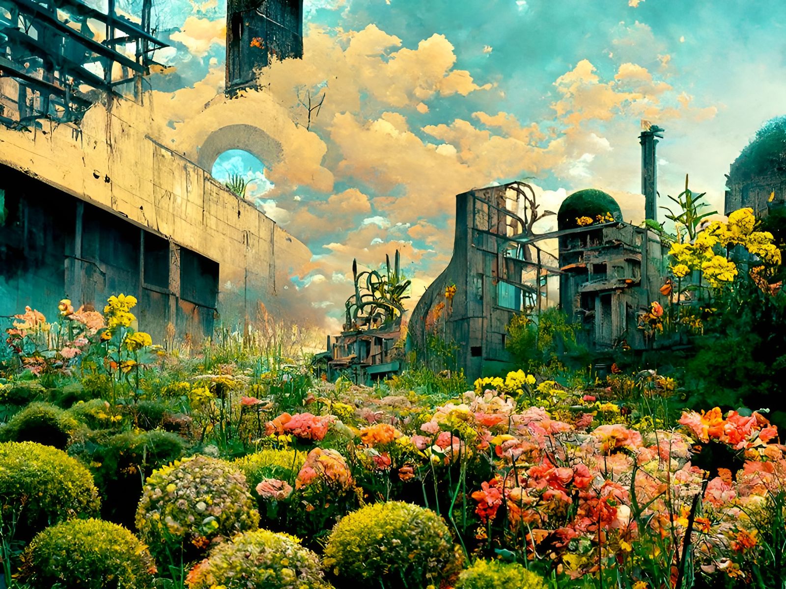 Cyberpunk Surrealism: Abandoned Building with Overgrown Gard...