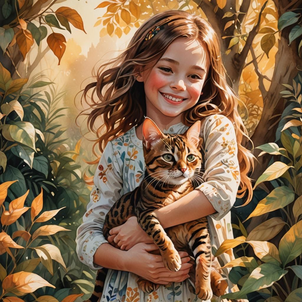 Girl with Bengal Cat in Whimsical Watercolor Style
