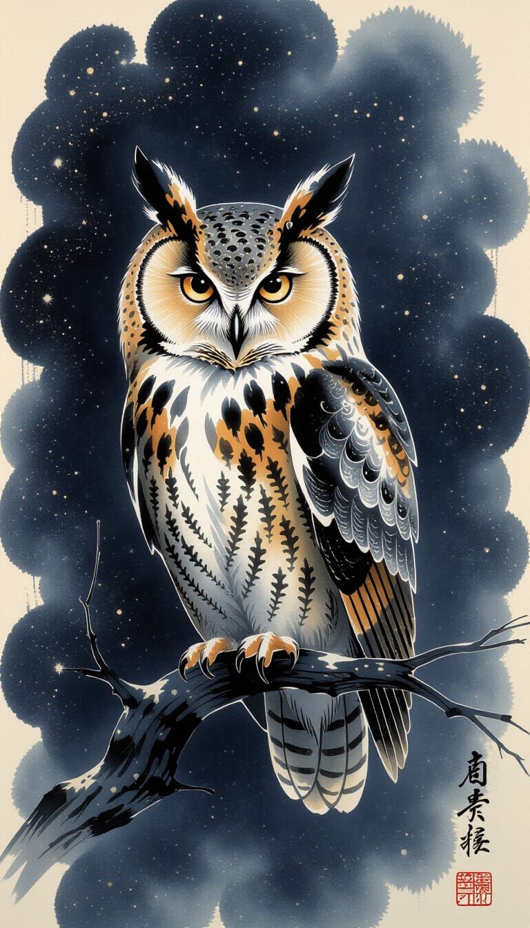Ancient Wise Owl with Galaxy Feathers in Chinese Ink Style