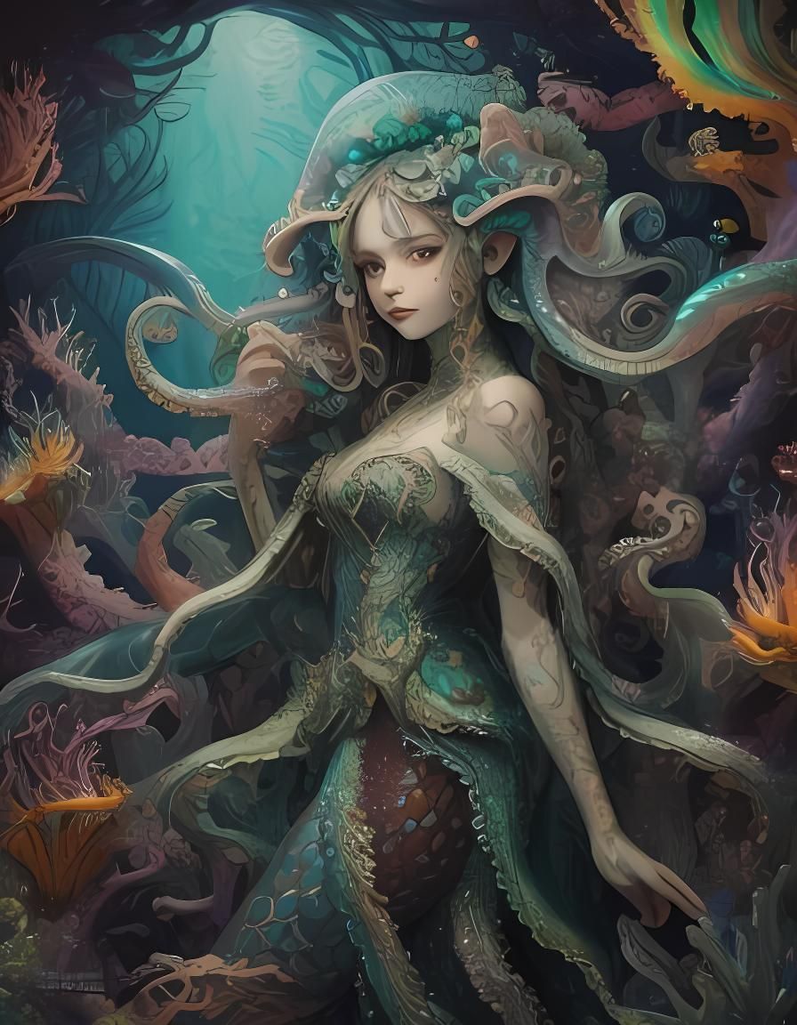 Octopus Mermaid in a Biopunk Underwater World