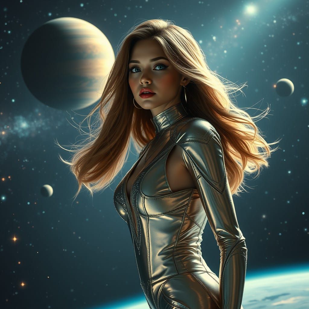 Ethereal Space Goddess Emerges from Cosmic Landscape