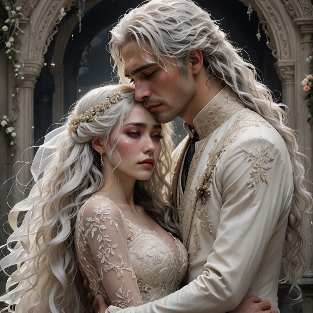 Bride Weeping at Sunset in Pre-Raphaelite Style