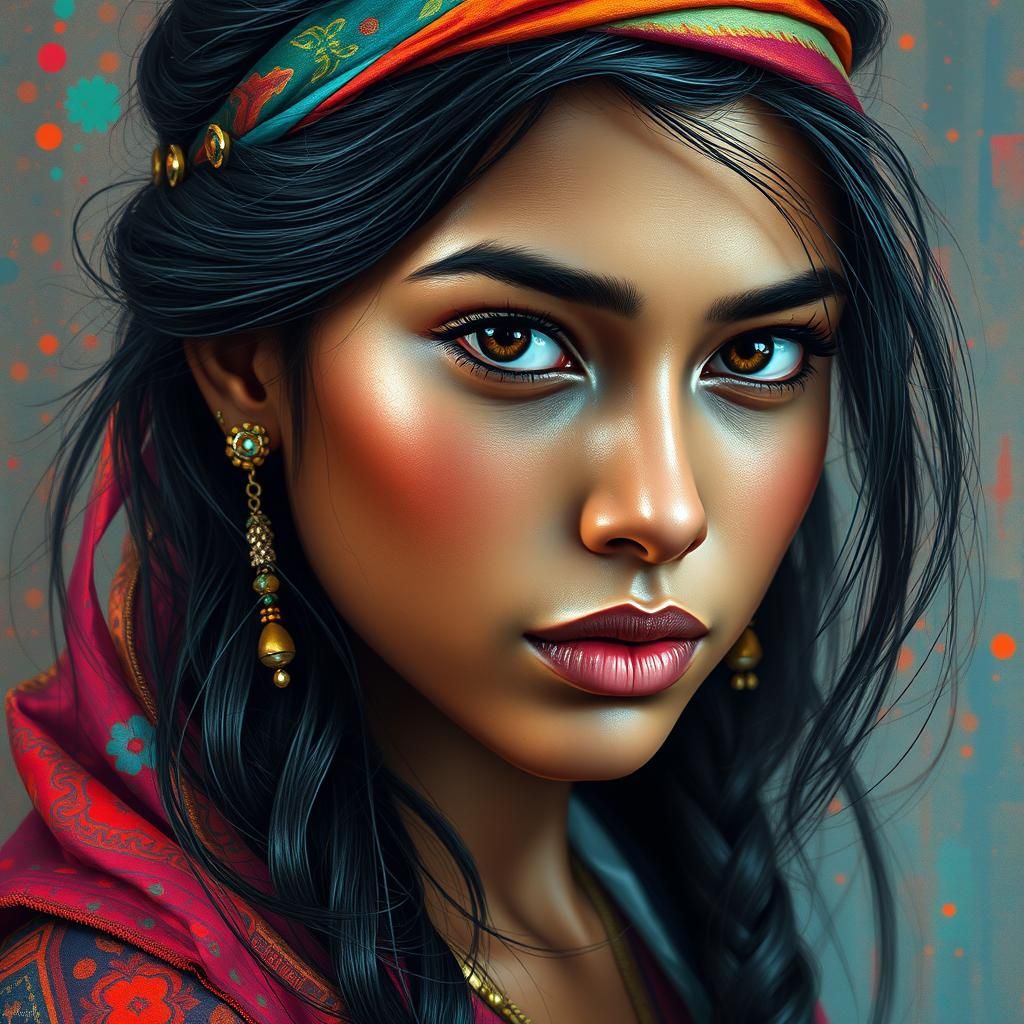 Dramatic Westernized Indian Goddess Portrait in Vibrant Colo...