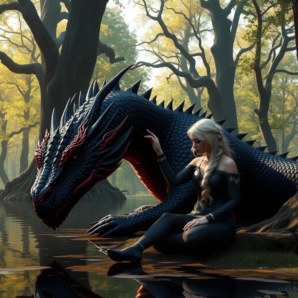 Surreal Dark Fantasy Scene of Majestic Dragon and Female Com...