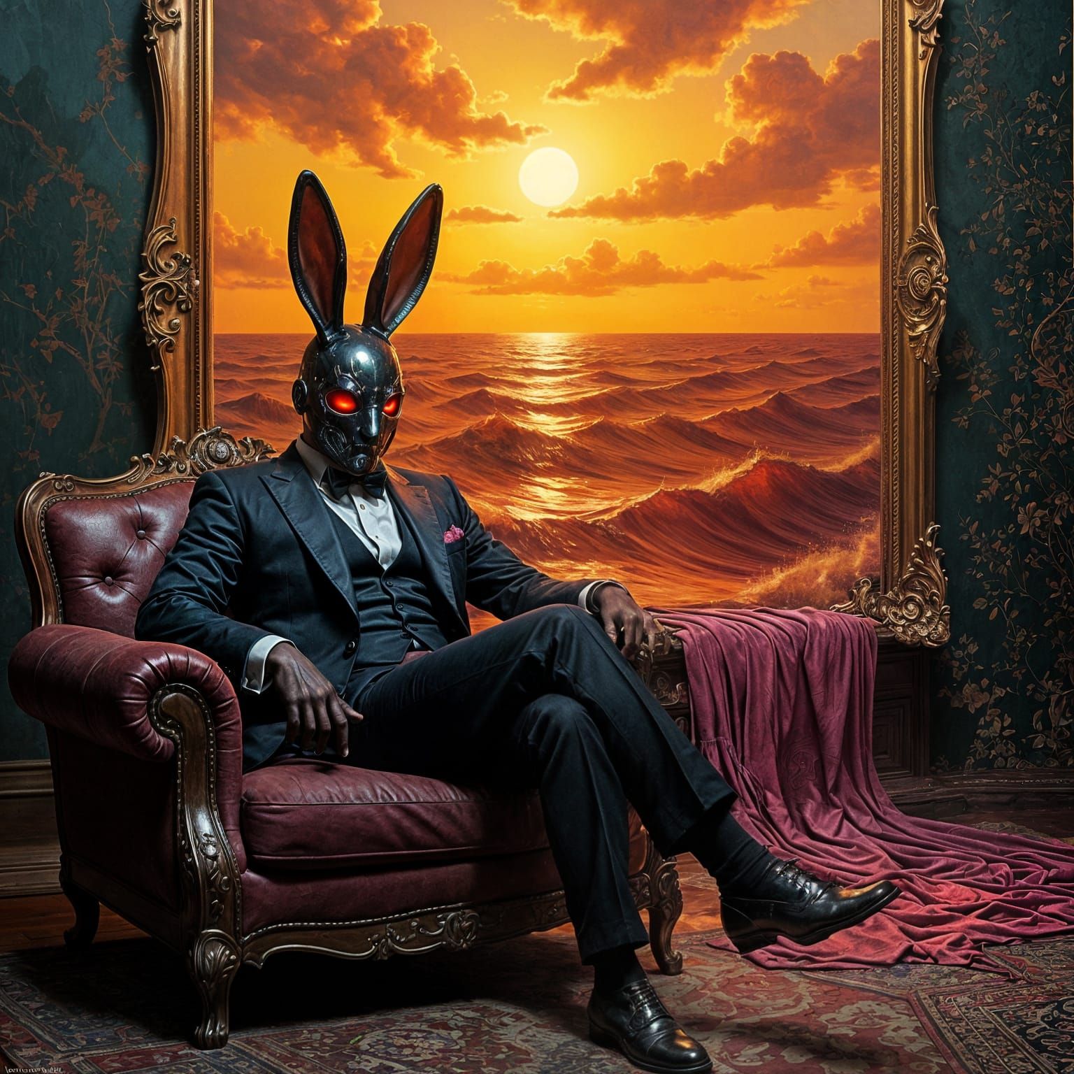 Surreal Red Ocean Oil Painting with Bunny Mask