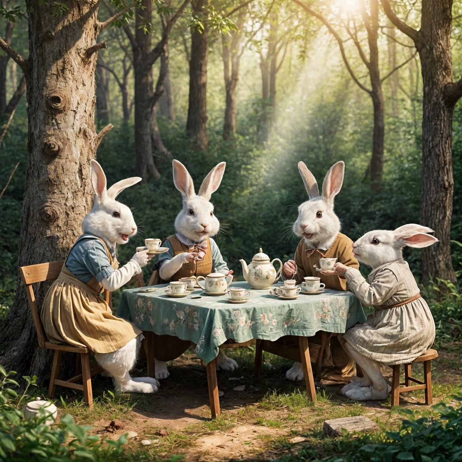 Elderly Rabbits Share Cellphone Photos Over Tea