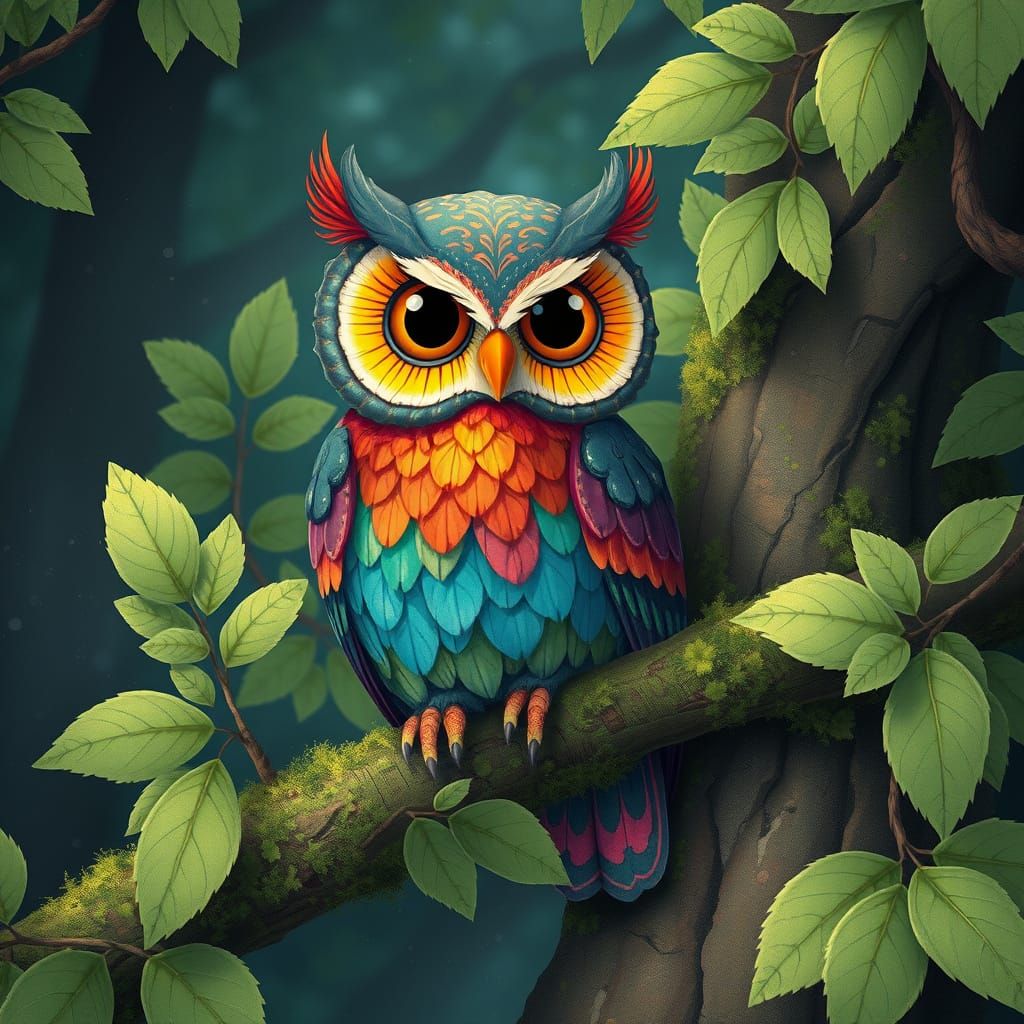Rainbow Owl Perched in Whimsical Forest