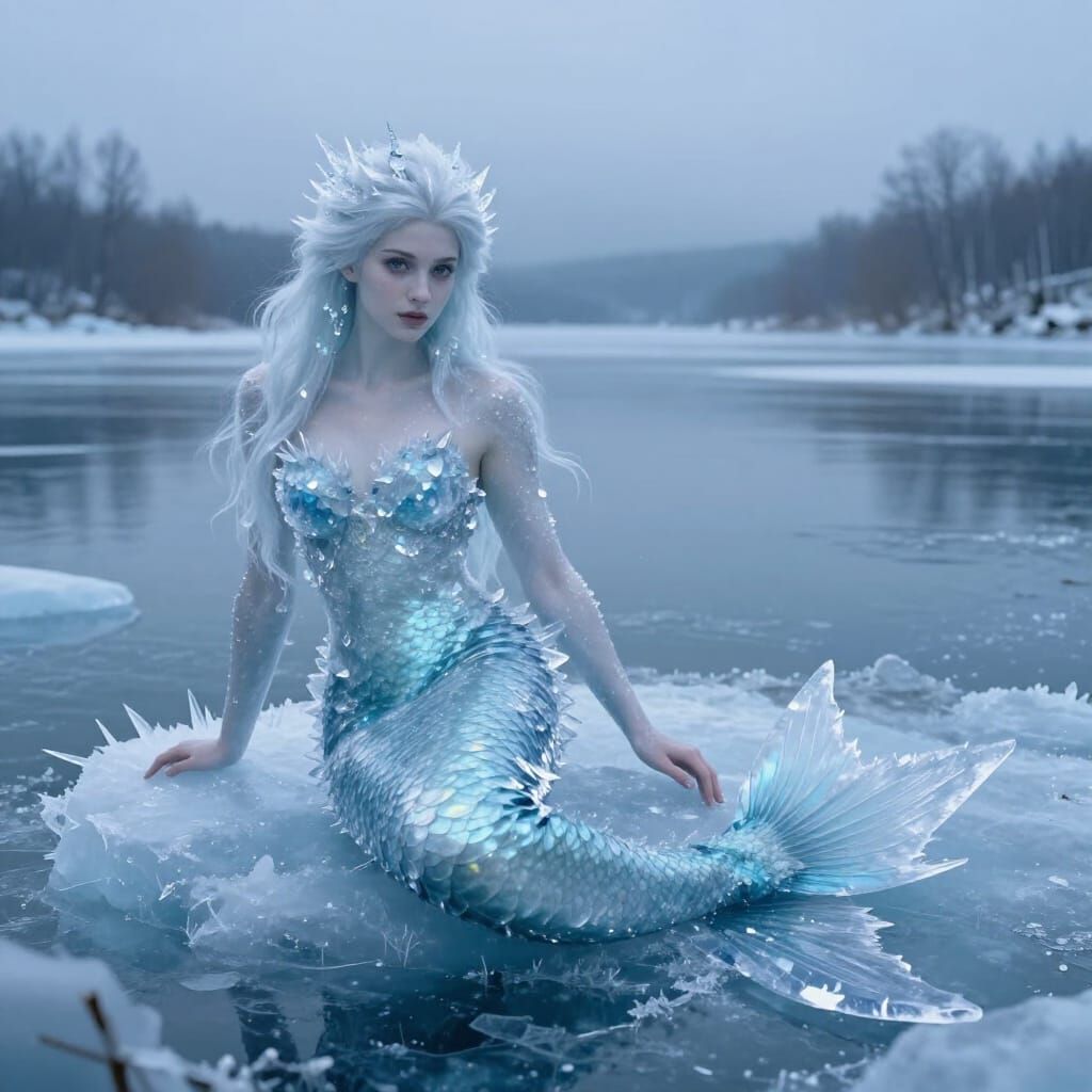 Frozen Mermaid Gazes Out From Icy Lake