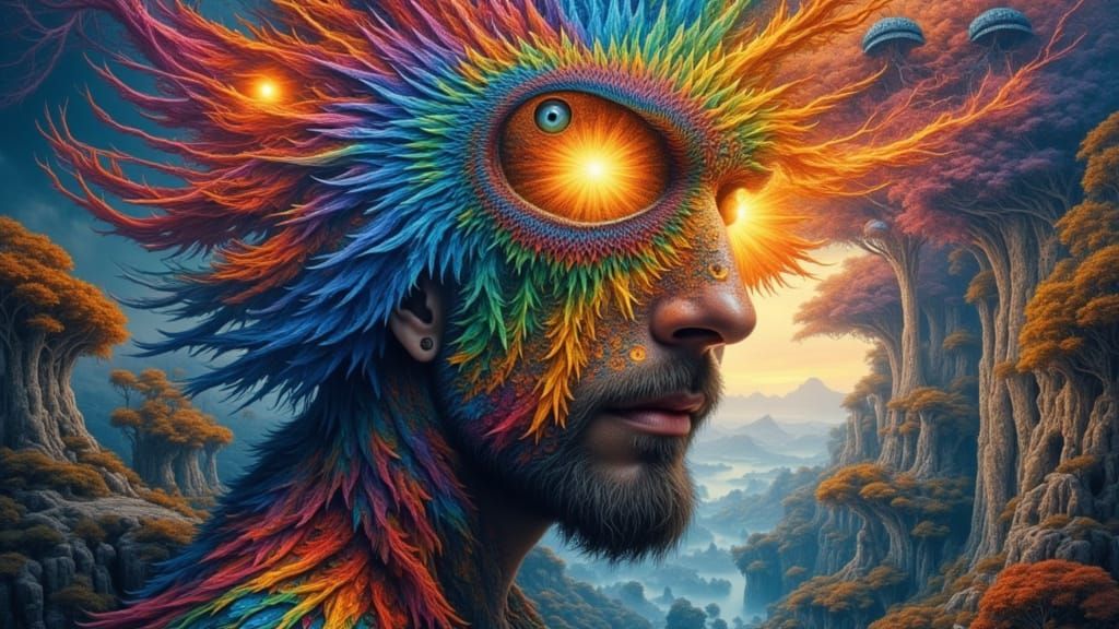 Fractal Faced Man Dressed As Macaws and Moths