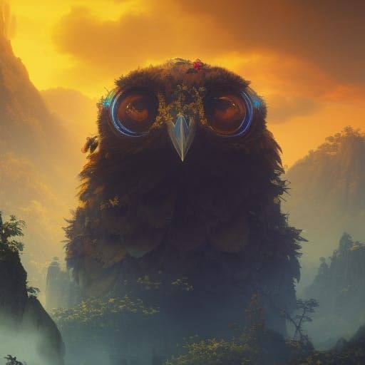 Dramatic Black Owl in Floral Setting, Digital Art