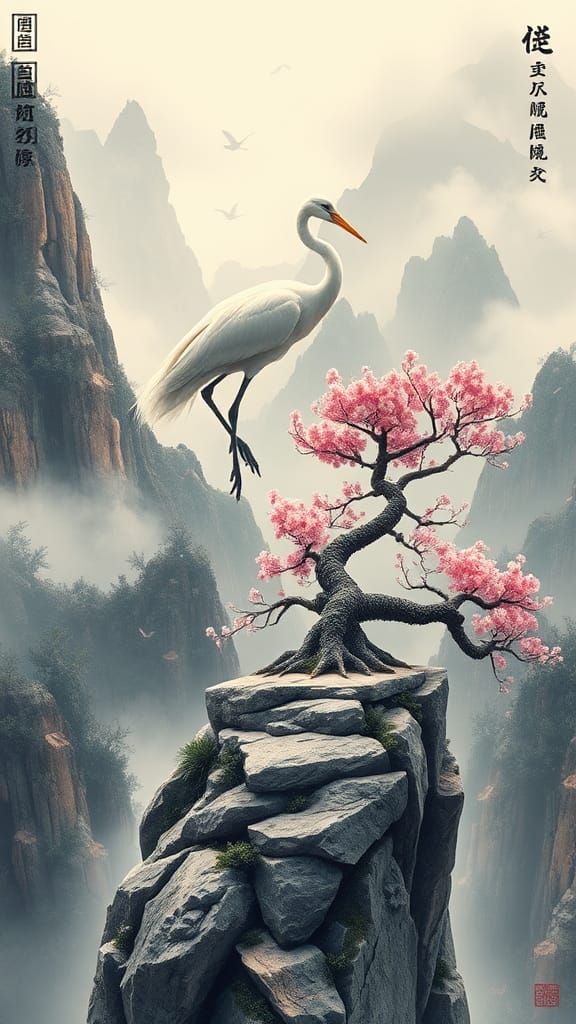 Japanese Ink on Silk, Crane & Bonsai Tree