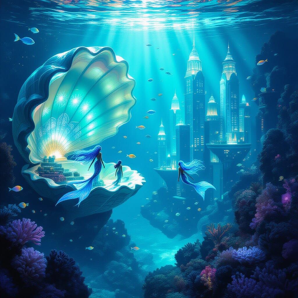Underwater Metropolis in Giant Seashells with Bioluminescent...