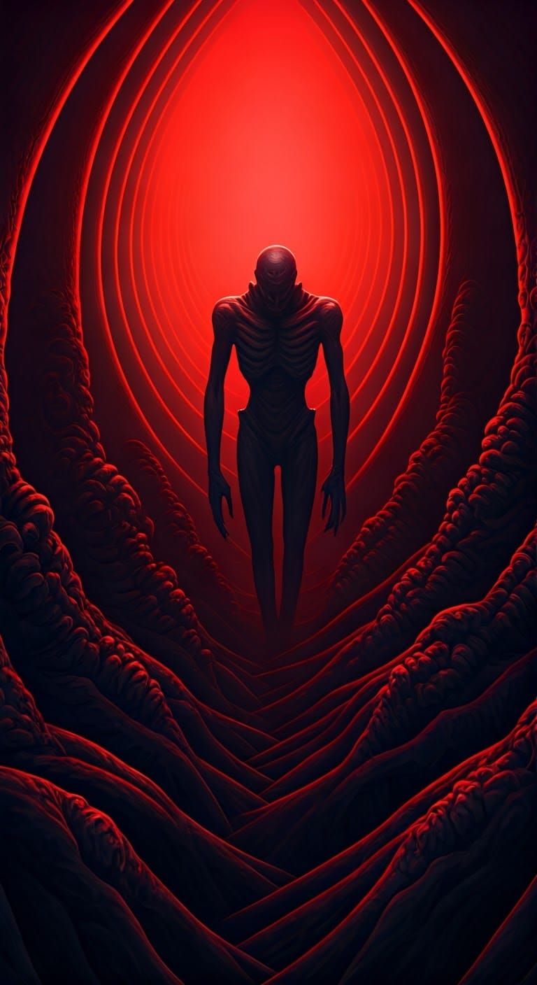 Sharp detailed, Grim:Nightmarish terrors, Surreal Comic,crimson Mandelbulber3d. Despair, discomfort, darkness, scary, te...