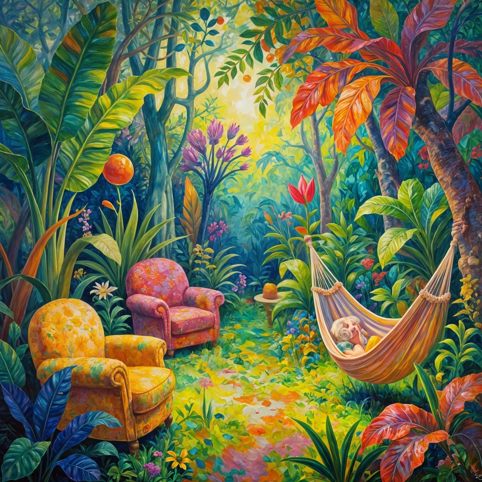 Vibrant Surreal Landscape with Cozy Elements