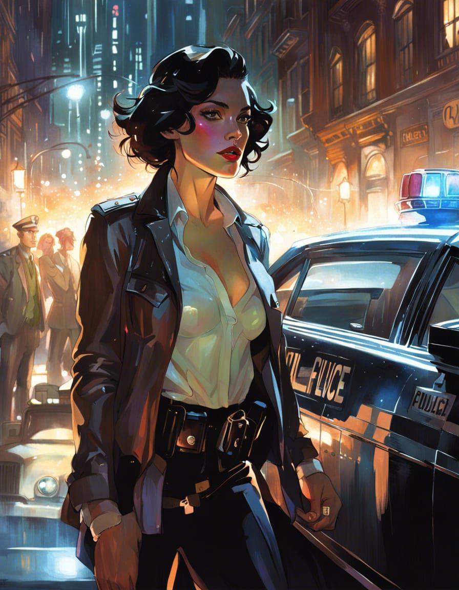 Dreamy Detective at Noir City Street in Digital Art Style