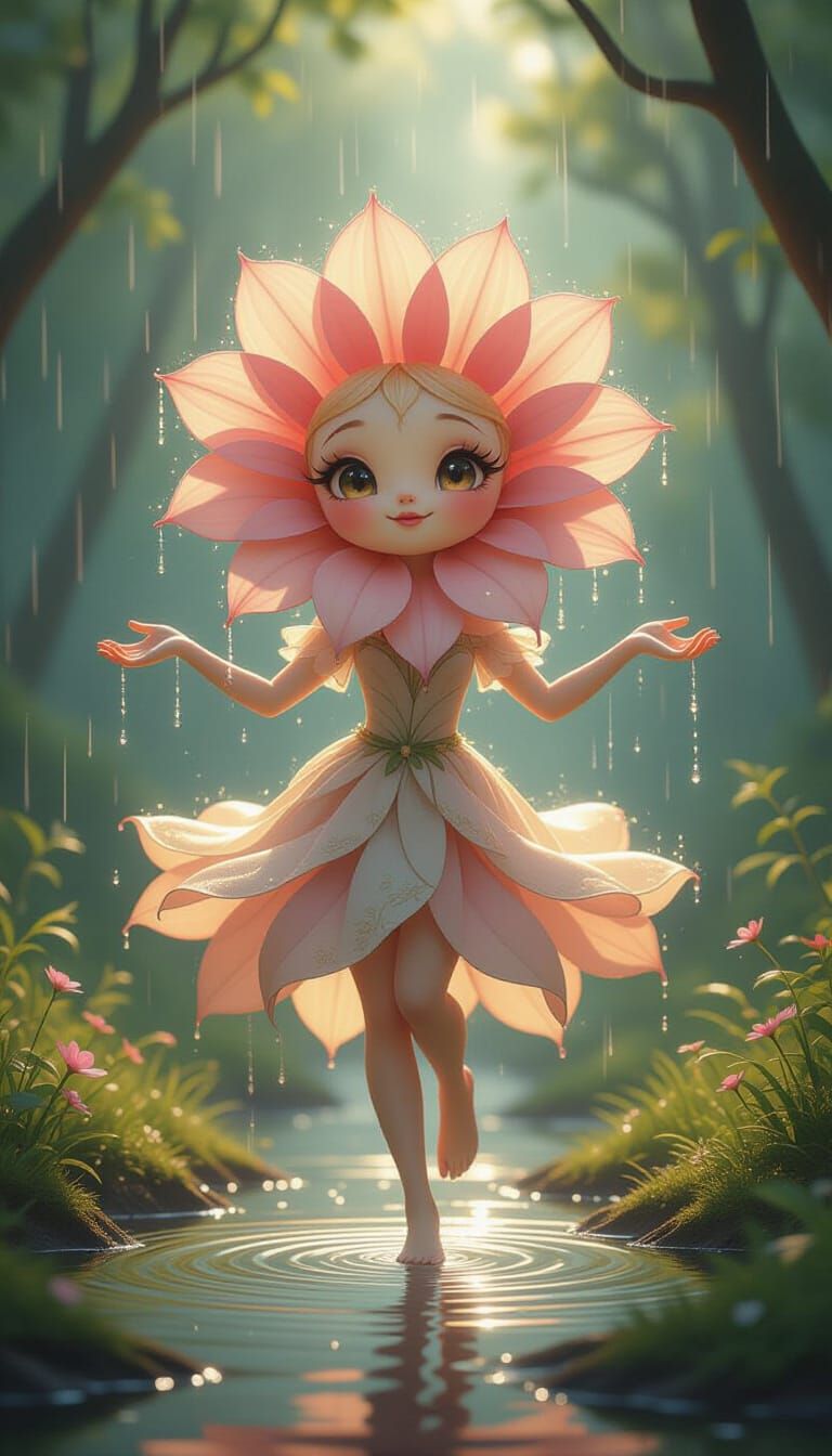Anthropomorphic Flower Dancing in Rainy Forest Glade