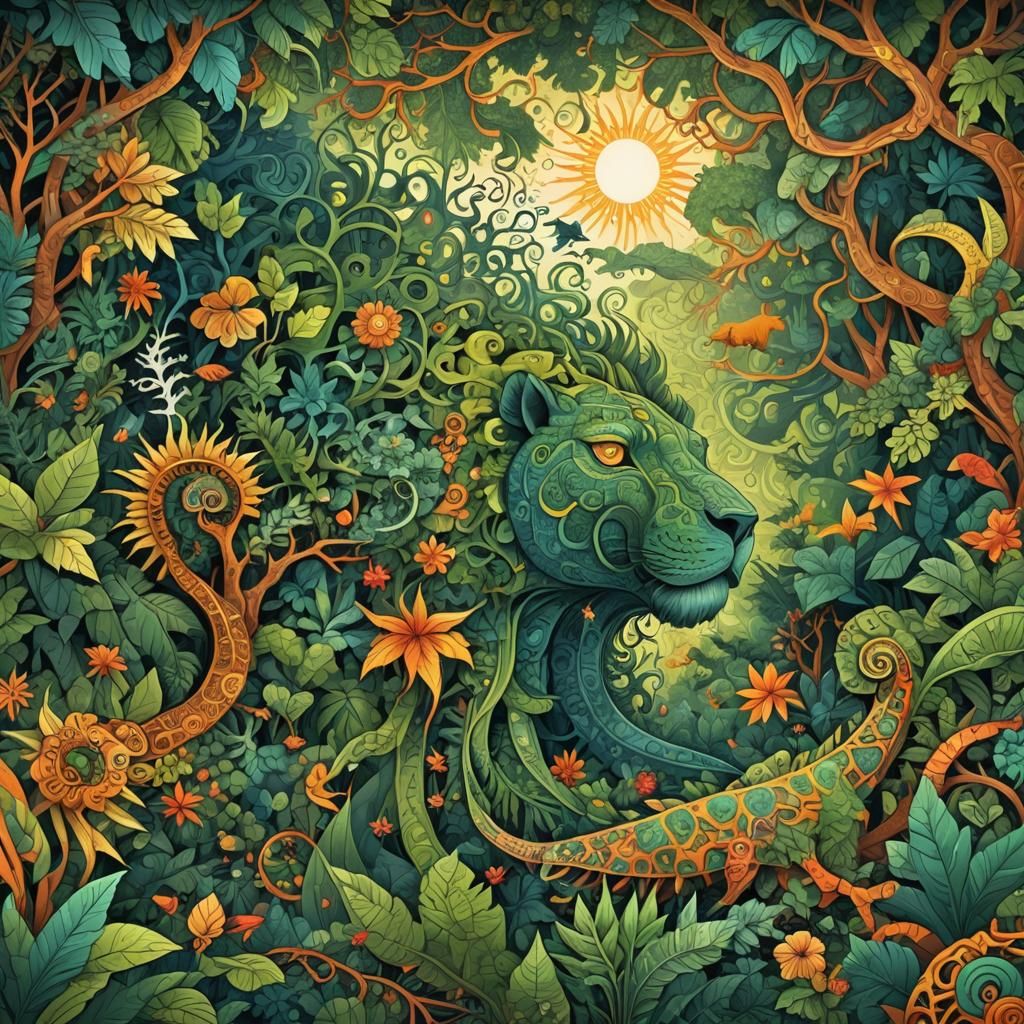 Intertwined Worlds: Jungle Animals in Abstract Fractal Desig...