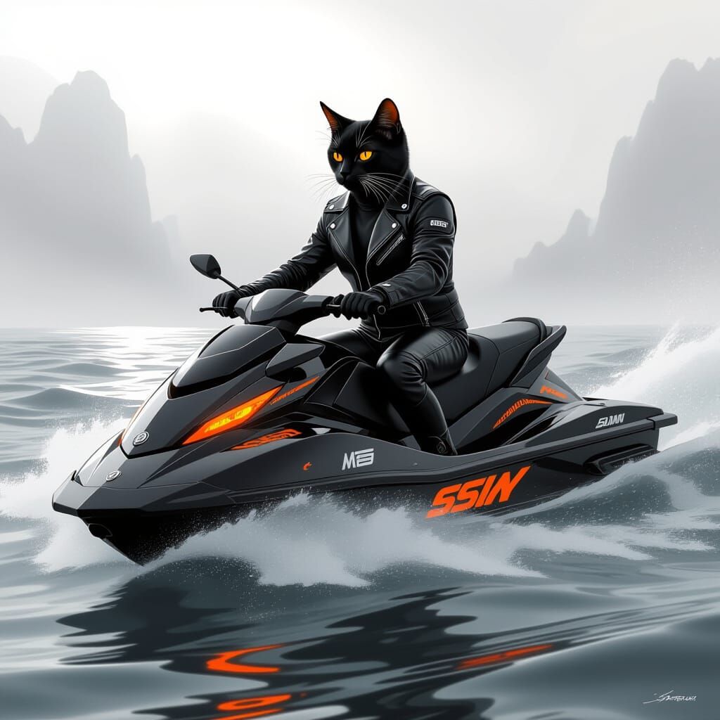 Majestic Cat on Jet Ski in Retro-Futuristic Style
