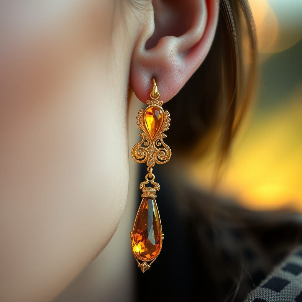 Close Up of Woman's Ear with Carved Golden Amber Earring