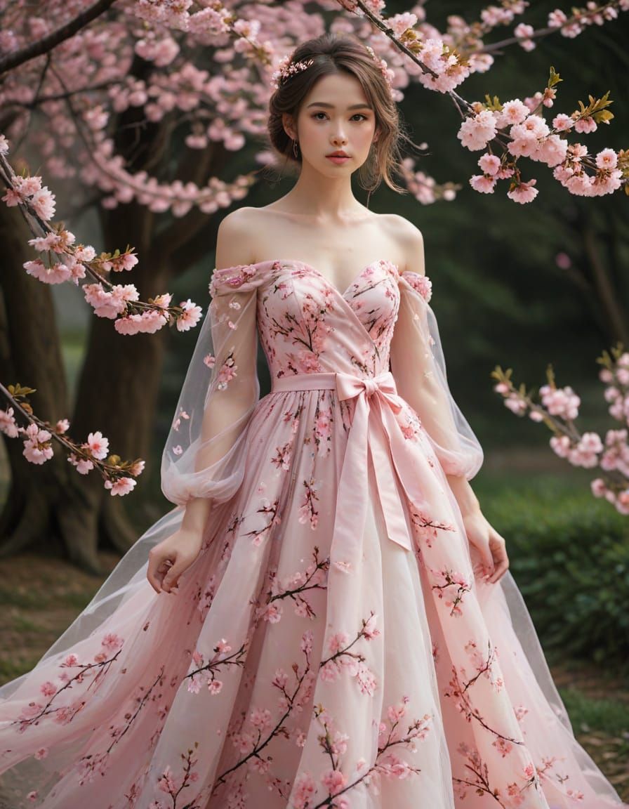 Ethereal Gown Adorned with Pink Cherry Blossoms
