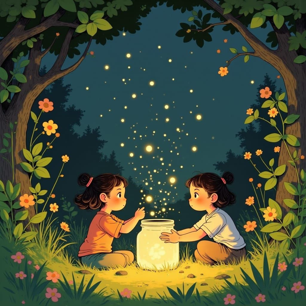 Whimsical Summer Night Scene with Fireflies and Lush Greener...