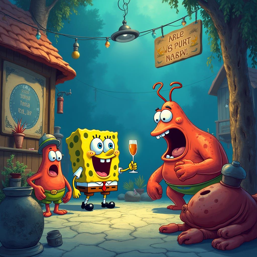 SpongeBob and Friends at Krusty Krab in Matte Painting Style