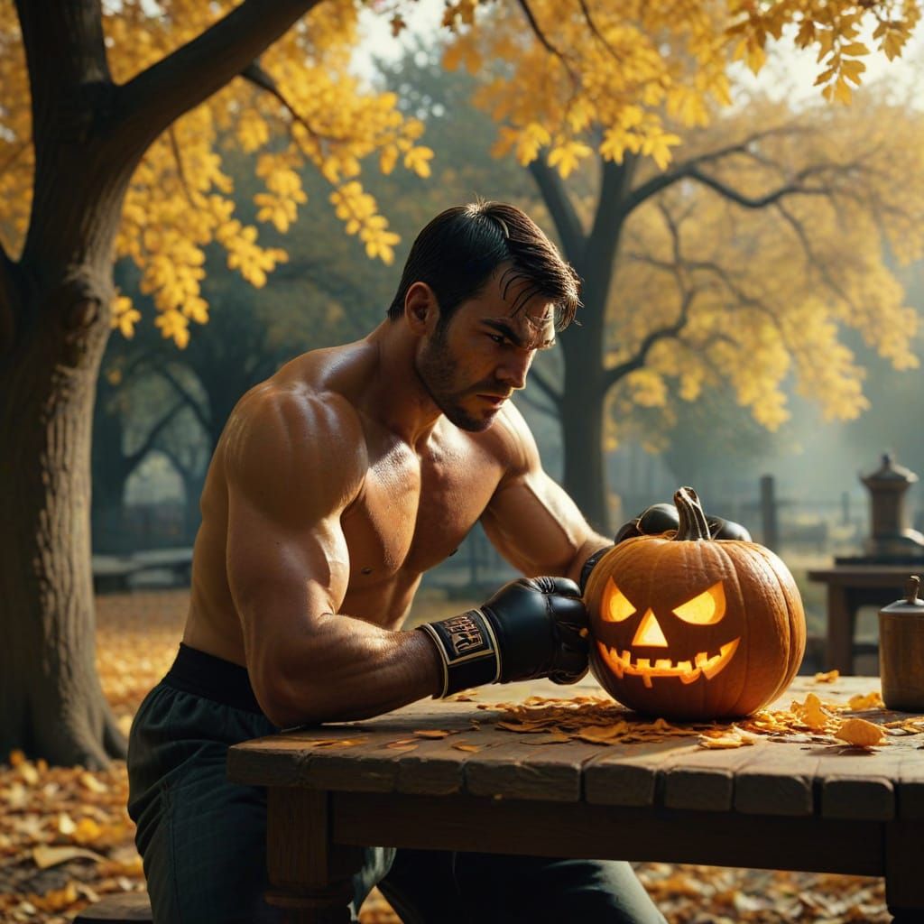 Boxer Carves Pumpkin Under Autumn Tree