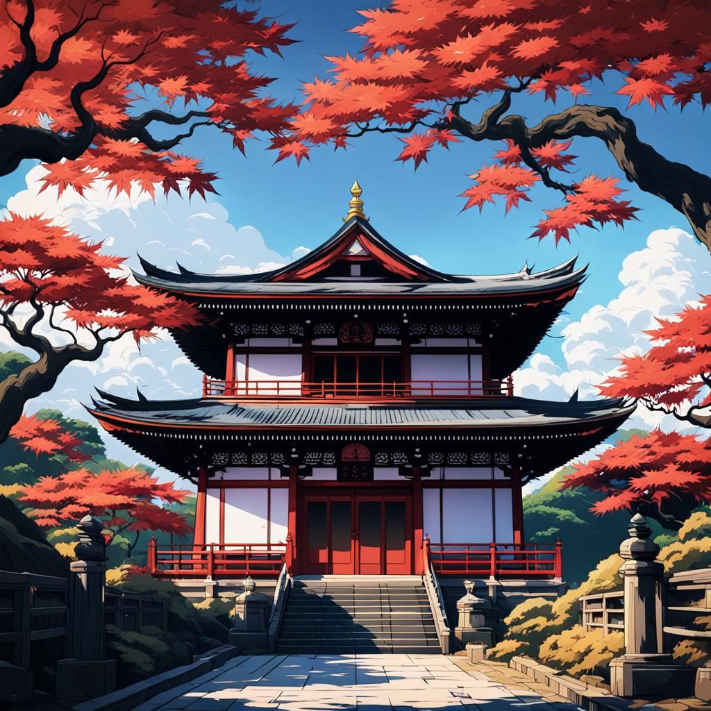 Anime Japanese Temple with Maple Trees