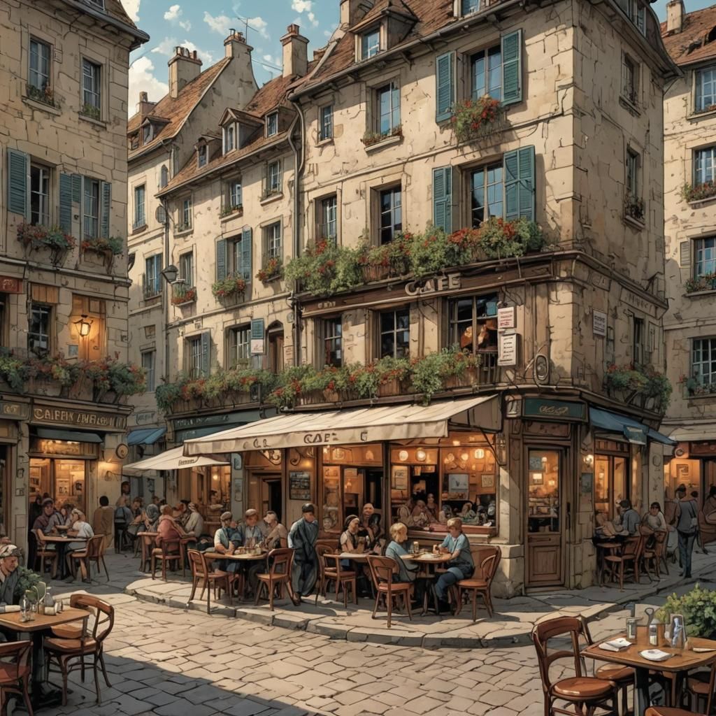French Village Cafe, Comic Book Art Style
