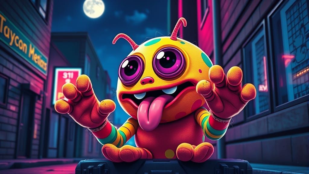 Cute Bubble Bug-Eyed Creature in Neon City Night