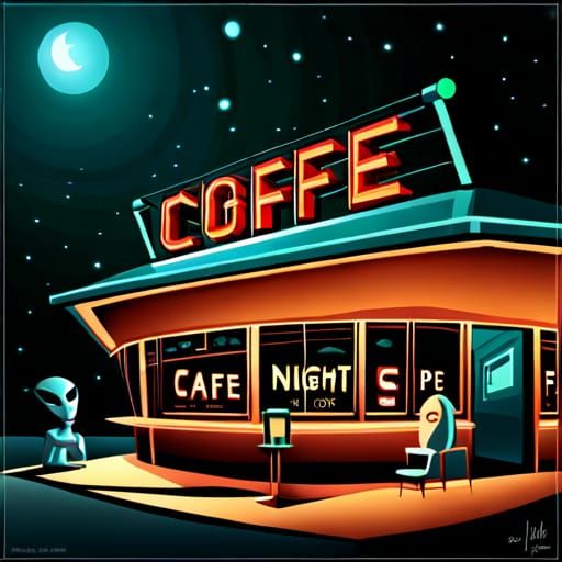 Alien at Space Coffee Shop in Spacepunk Style