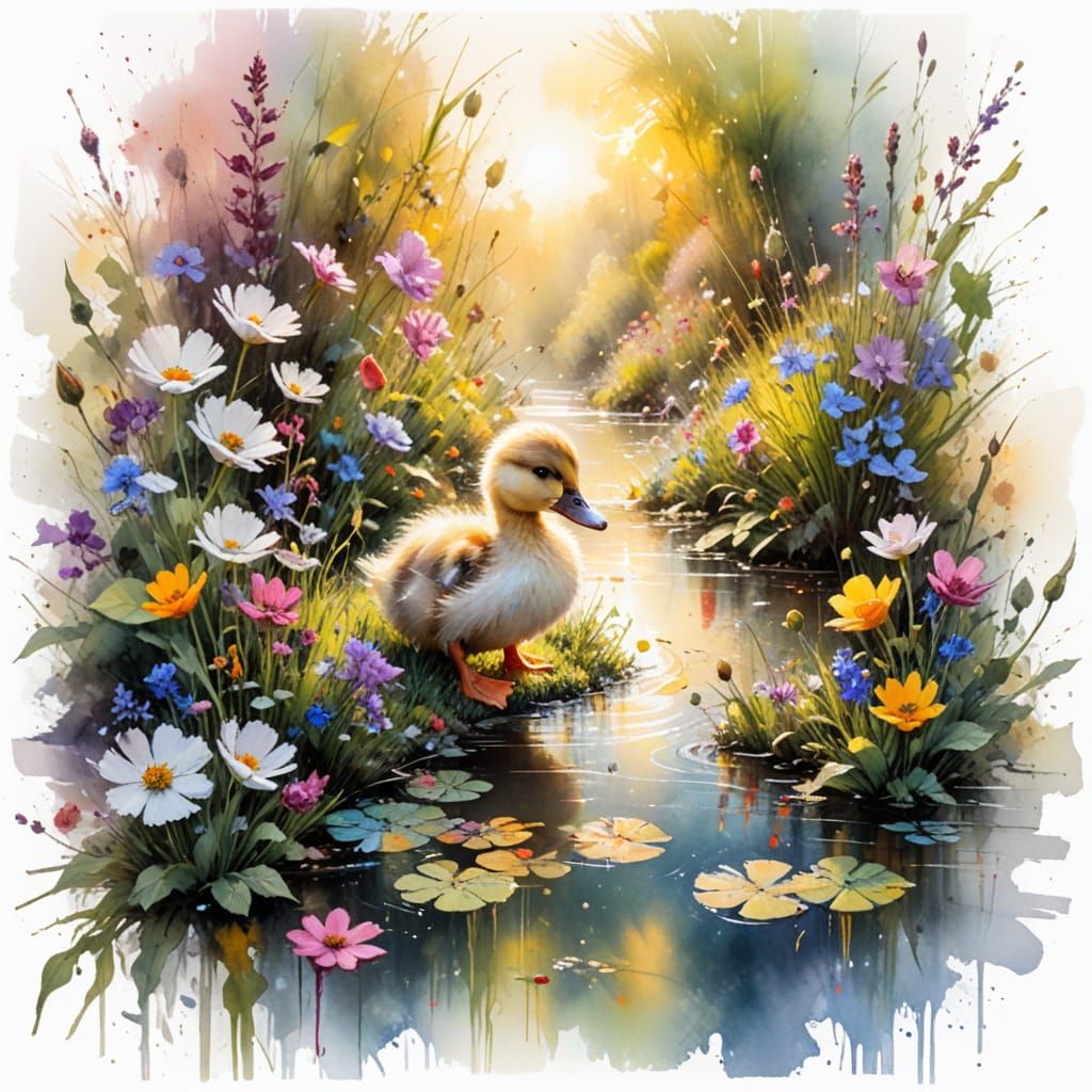 Duckling in Sunlit River Garden: Watercolour Painting