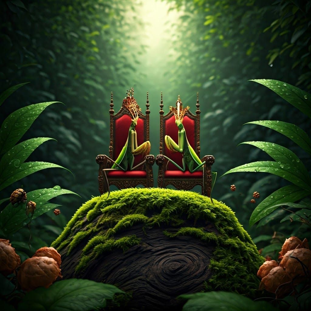 A king and queen praying mantis sitting on their thrones on ...