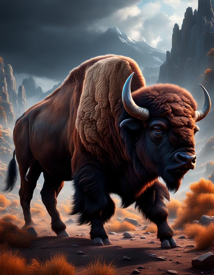 Surreal Bison Humanoid in Vibrant, High-Definition Fantasy A...